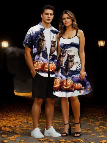 Halloween Pumpkin Owl Tree Branch Moon Bat Print Plus Size Matching Outfit For Couples - WHITE