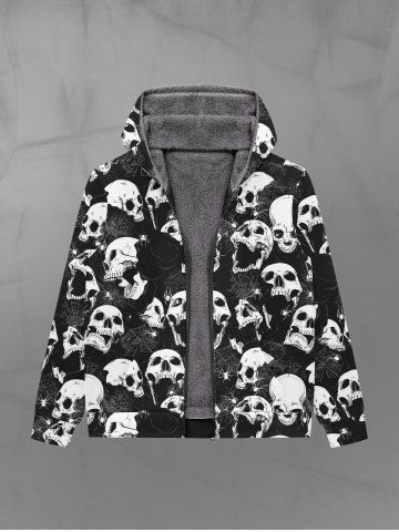 Gothic Skulls Spider Web  Rose Flower Print Zip Up Pockets Fleece Lining Hoodie For Men - BLACK - 3XL
