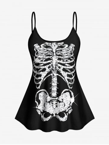 Glitter Skeleton Print Halloween Tankini Top(Adjustable Shoulder Strap) - BLACK - S