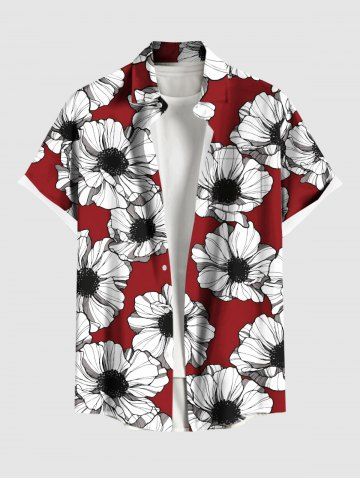 Plus Size Flower Print Hawaii Button Pocket Shirt For Men - RED - 5XL