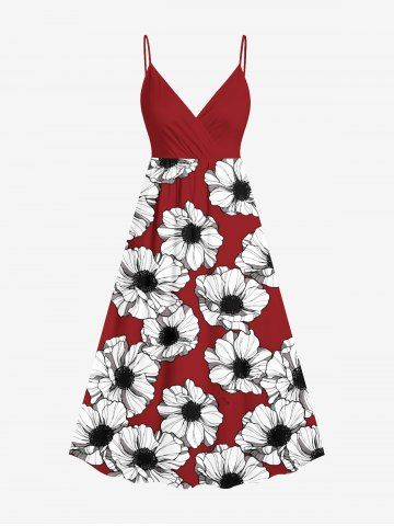 Plus Size Flower Print Hawaii Surplice A Line Cami Dress - RED - 2X