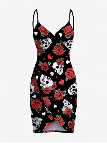 Plus Size Skull Rose Flower Heart Print Halloween Convertible Beach Cover Up - BLACK - XXS
