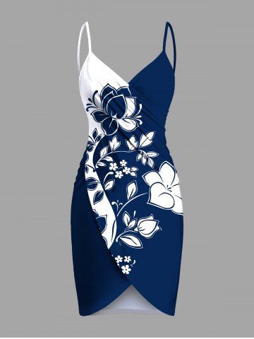Plus Size Two Tone Flower Leaf Branch Print Hawaii Convertible Beach Cover Up - BLUE - M