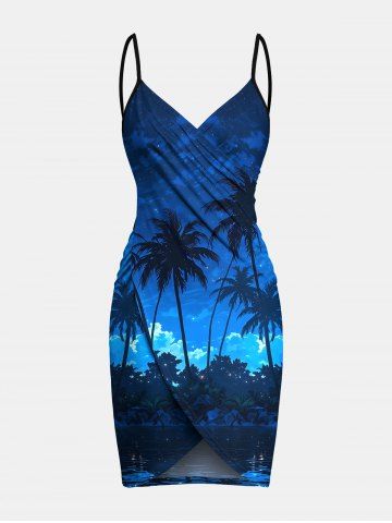 Plus Size Coconut Tree Sea Ombre Galaxy Print Hawaii Convertible Beach Cover Up - SKY BLUE - XS