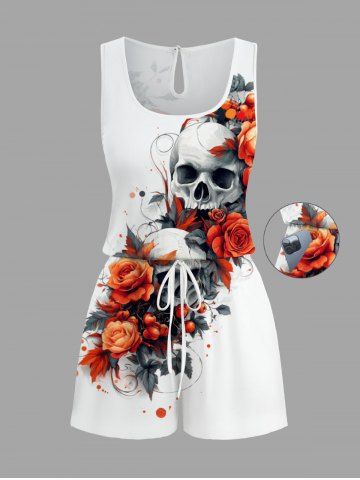Plus Size Skull Rose Flower Print Halloween Drawstring Pocket Romper - WHITE - 6X