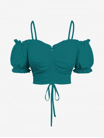 Plus Size Cold Shoulder Puff Sleeve Solid Cinched Top - GREEN - 6X