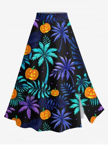 Plus Size Coconut Tree Tropical Leaf Pumpkin Print Halloween Split A Line Skirt - BLACK - XS