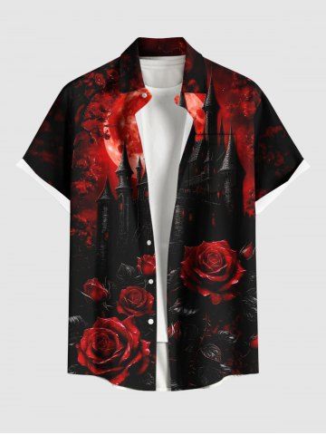 Plus Size Dark Style Rose Flower Castle Moon Print Halloween Button Pocket Shirt For Men - RED - 6XL