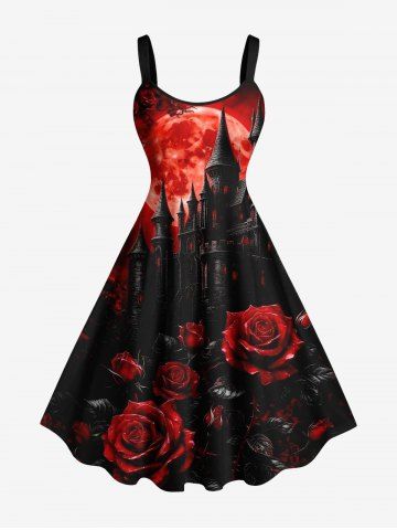 Plus Size Dark Style Rose Flower Castle Moon Print Halloween A Line Tank Dress - RED - XXS