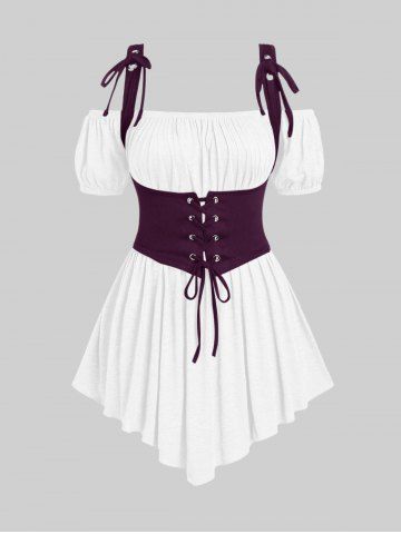 T-shirt asymétrique grande taille style médiéval/Renaissance, froncé, épaules dénudées, œillets, gilet chiné à lacets - PURPLE - 1X | US 14-16