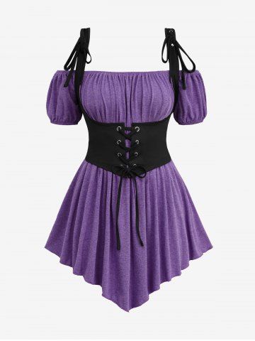 Plus Size Medieval Renaissance Ruched Off Shoulder  Asymmetrical Tee With Grommets Lace Up Marled Waistcoat - MULTI-E - 4X | US 26-28