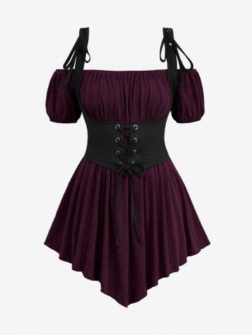 Plus Size Medieval Renaissance Ruched Off Shoulder  Asymmetrical Tee With Grommets Lace Up Marled Waistcoat - CONCORD - L | US 12