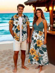 Tenue de plage hawaïenne assortie grande taille à imprimé floral et feuilles pour couples - Vert 