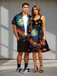 Halloween Pumpkin Lantern Bat Moon Print Plus Size Matching Outfit For Couples -  