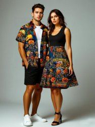 Halloween Pumpkin Fire Flame Skulls Moon Print Plus Size Matching Outfit For Couples -  