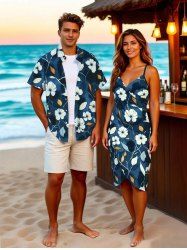 Tenue de plage hawaïenne assortie grande taille à imprimé ombré de fleurs et de feuilles d'hibiscus pour couples - Bleu 