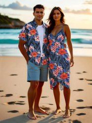 Tropical Leaf Hibiscus Flower Print Plus Size Matching Hawaii Beach Outfit For Couples -  