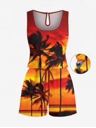 Combinaison hawaïenne cintrée grande taille à imprimé cocotiers et ciel ombré - Orange Foncé 4X