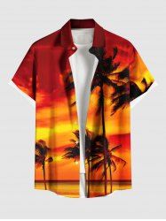Plus Size Coconut Tree Ombre Sky Print Buttons Pocket Hawaii Shirt For Men -  