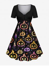 Plus Size Halloween Pumpkin Candles Star Print Cinched Dress -  