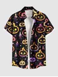 Chemise grande taille pour homme, imprimé citrouille, bougies, étoiles, boutons et poches - Noir L