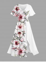 Plus Size Hibiscus Flowers Leaf Print Split Hawaii Midi Dress -  