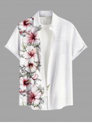 Plus Size Hibiscus Flowers Leaf Print Buttons Pocket Hawaii Shirt For Men -  