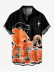 Chemise grande taille à boutons et poches pour homme, motif citrouille, chat et poulpe d'Halloween - Noir S