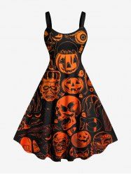 Robe débardeur grande taille à imprimé citrouilles, crânes, squelettes et fantômes pour Halloween - Orange Foncé 5X