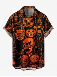 Plus Size Halloween Pumpkin Skulls Skeleton Ghost Print Buttons Pocket Shirt For Men -  