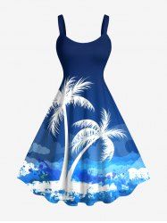 Robe débardeur hawaïenne grande taille à imprimé cocotiers, vagues et éclaboussures de peinture - Bleu Ciel XXS