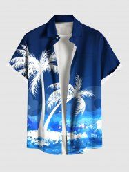 Chemise hawaïenne grande taille à imprimé cocotiers, vagues et éclaboussures de peinture, boutons et poches pour homme - Bleu L