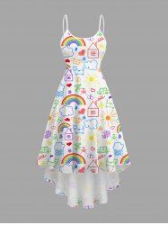 Plus Size Rainbow House Sun Cloud Flowers Stick Figure Print Hawaii Tank Dress -  