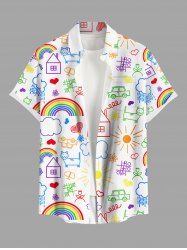 Plus Size Rainbow House Sun Cloud Flowers Stick Figure Print Buttons Pocket Hawaii Shirt For Men -  