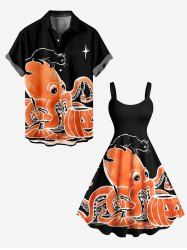Tenue d'Halloween grande taille à imprimé poulpe, citrouille et chat pour couples - Noir 