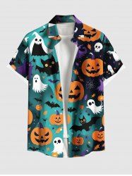 Plus Size Pumpkin Ghost Bat Ombre Spider Web Print Halloween Button Pocket Shirt For Men -  