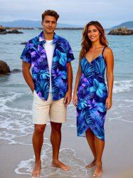 Flowers Tropical Leaf Print Plus Size Matching Hawaii Beach Outfit For Couples -  