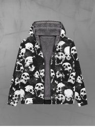 Gothic Skulls Spider Web  Rose Flower Print Zip Up Pockets Fleece Lining Hoodie For Men -  