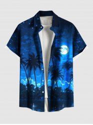 Chemise hawaïenne grande taille à imprimé cocotier, lune, galaxie, ombré, boutonnée et poche pour homme - Bleu Ciel 4XL