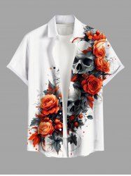 Chemise grande taille à imprimé tête de mort et roses pour homme, avec poches boutonnées et imprimé Halloween - Blanc 3XL