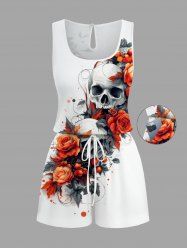 Plus Size Skull Rose Flower Print Halloween Drawstring Pocket Romper -  