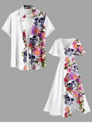 Colorful Flower Skull Print Plus Size Matching Hawaii Beach Outfit For Couples -  