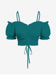 Plus Size Cold Shoulder Puff Sleeve Solid Cinched Top -  