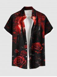 Plus Size Dark Style Rose Flower Castle Moon Print Halloween Button Pocket Shirt For Men -  