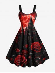 Robe trapèze grande taille à imprimé château de fleurs roses et lunes, style foncé, pour Halloween - Rouge L