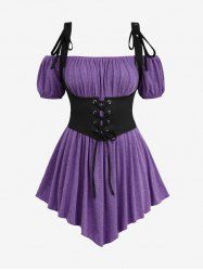 Plus Size Medieval Renaissance Ruched Off Shoulder  Asymmetrical Tee With Grommets Lace Up Marled Waistcoat -  