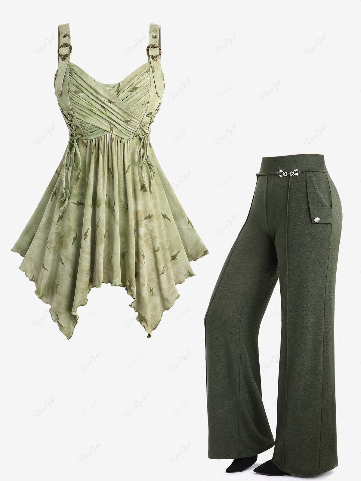 Best Tie Dye Print Surplice Lace Up Tank Top and Pintuck Buckle Waist Wide Leg Pants Plus Size Outfit  