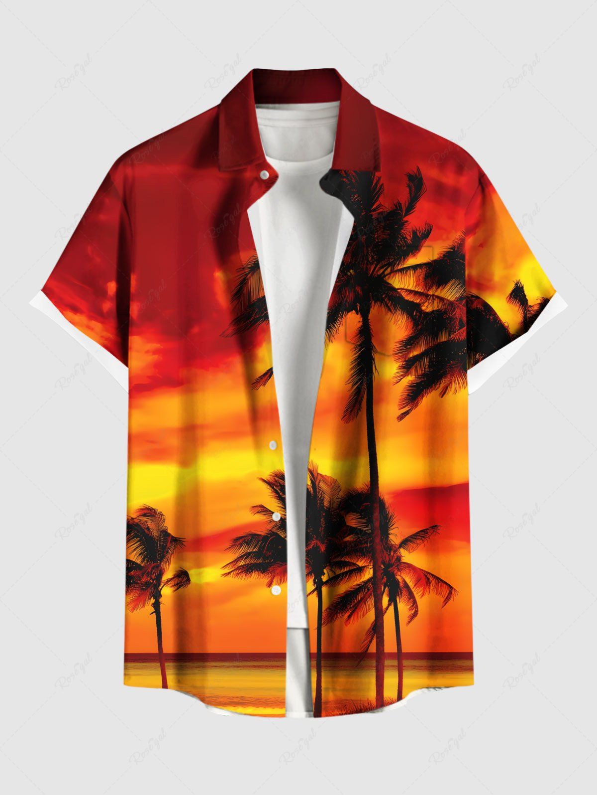 Shop Plus Size Coconut Tree Ombre Sky Print Buttons Pocket Hawaii Shirt For Men  