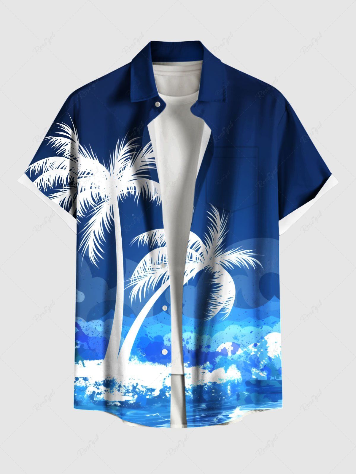 Chemise hawaïenne grande taille à imprimé cocotiers, vagues et éclaboussures de peinture, boutons et poches pour homme Bleu L