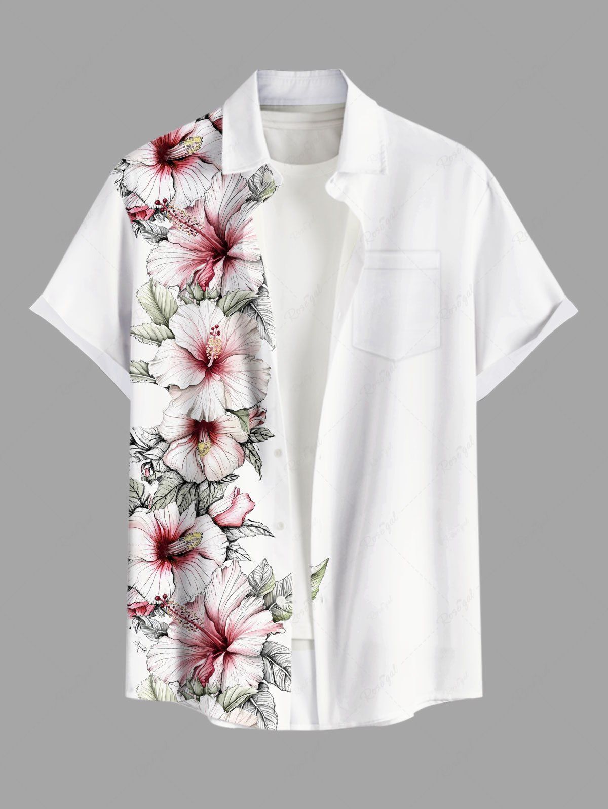 Fashion Plus Size Hibiscus Flowers Leaf Print Buttons Pocket Hawaii Shirt For Men  
